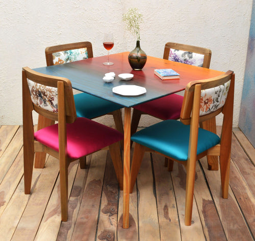 Red and Blue Maldives Inspired Solid Wood 4 Seater Dining Set