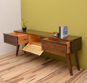 3 door handcrafted solid sheesham wood tv console with 2 side drawers adn one center shelf