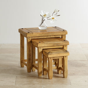Mangue Stool Set of 3 Pcs in Mango Natural Finish placement with a vase