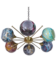 Luxurious Satellite-Like 6 Light Brass Chandelier with Multicolor Glass Shades side view