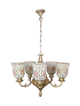 Load image into Gallery viewer, Priya 5 Light Brass Chandelier with Tilak Mosaic Glass Shades without background