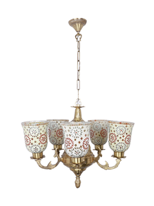 Priya 5 Light Brass Chandelier with Tilak Mosaic Glass Shades without background