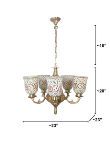 Priya 5 Light Brass Chandelier with Tilak Mosaic Glass Shades dimensions
