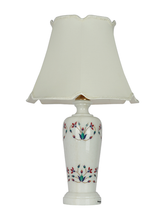 Load image into Gallery viewer, Multicolored Floral Inlay Marble Jar Table Lamp With 16inch Off White Scalloped Borders Fabric Shade