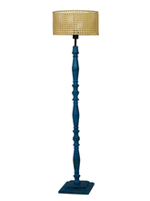 Load image into Gallery viewer, French Farmhouse-Style Distressed Blue Wooden Rustic Floor Lamp with Natural Rattan Cane Drum Shade
