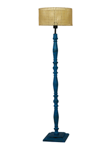 French Farmhouse-Style Distressed Blue Wooden Rustic Floor Lamp with Natural Rattan Cane Drum Shade