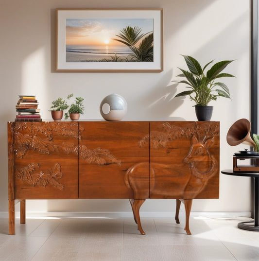 Curator's Cart nature inspired deer cabinet wooden sideboard with carved deer and forest design
