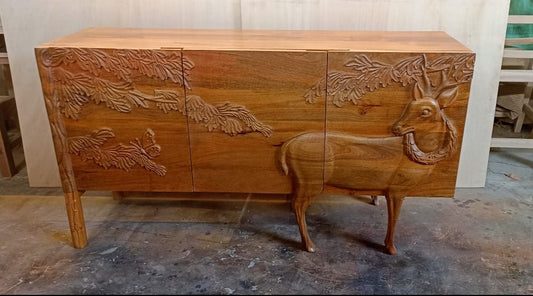 Curator's Cart nature inspired deer cabinet wooden sideboard with carved deer and tree branch design