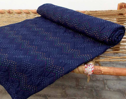 Navy blue Kantha quilt - chevron pattern quilting