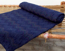 Load image into Gallery viewer, Navy blue Kantha quilt - chevron pattern quilting