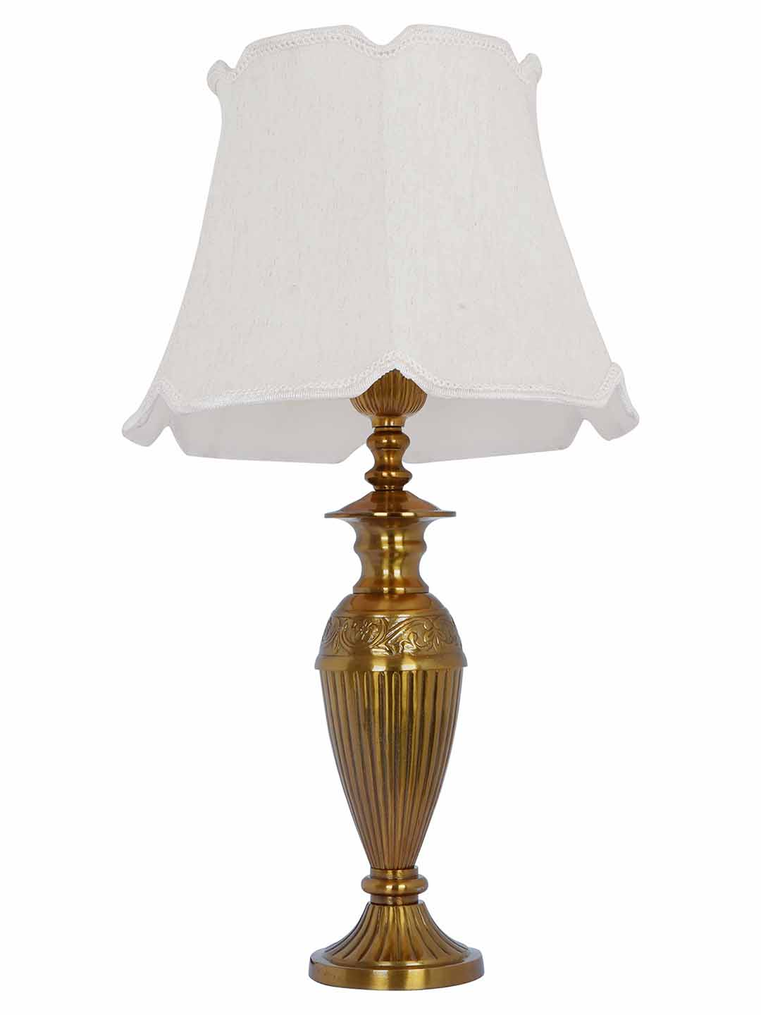 Gold Vintage Aluminium Single Table Lamp Light With 14 Inch Off White Scalloped Borders Fabric Shade