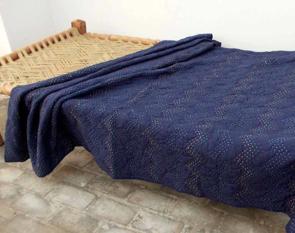 Navy blue Kantha quilt - chevron pattern quilting