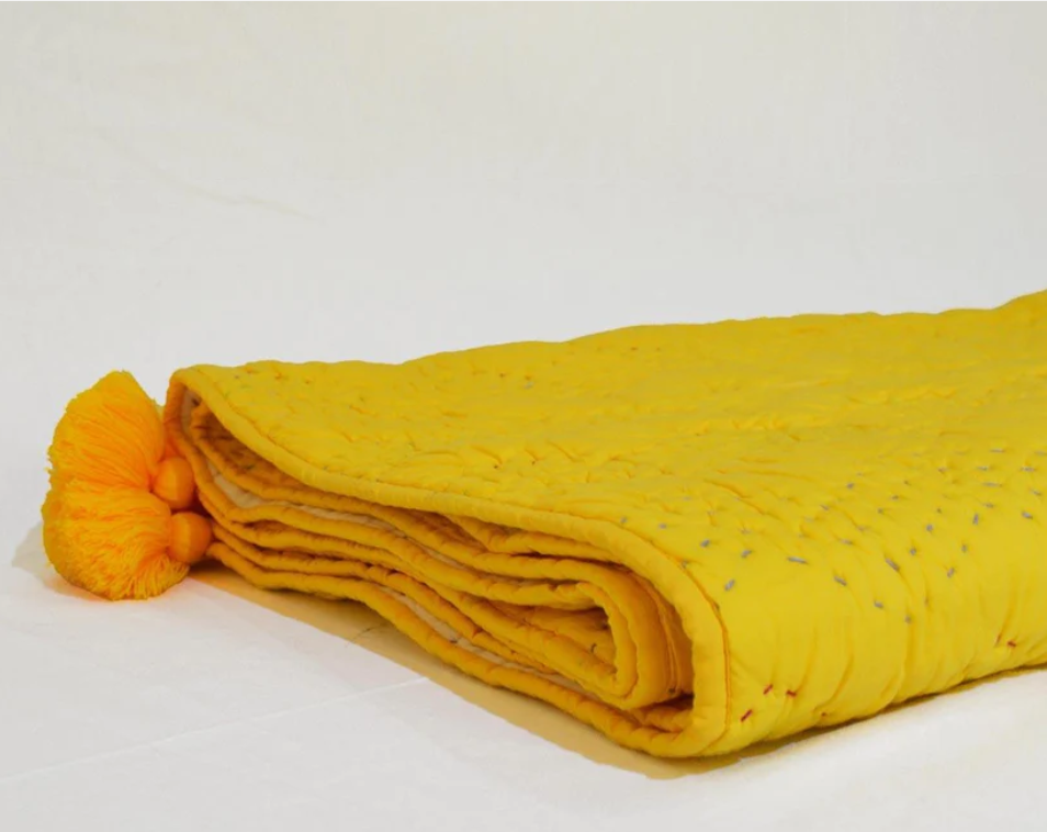 Yellow quilted Throw blanket, chevron pattern, zig zag quilting, hand quilted, 100% cotton, 50X60 inches