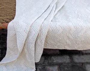 Kantha Bedspread - White color with chevron pattern quilting
