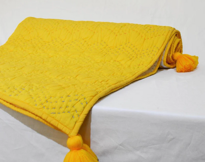 Yellow quilted Throw blanket, chevron pattern, zig zag quilting, hand quilted, 100% cotton, 50X60 inches