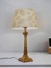 Load image into Gallery viewer, Antique Gold Finish Roman Corinthian 26 Inch Single Aluminium Column Table Lamp Light With 14 Inch Gold leaf pattern Tapered Fabric Shade