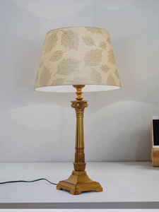 Antique Gold Finish Roman Corinthian 26 Inch Single Aluminium Column Table Lamp Light With 14 Inch Gold leaf pattern Tapered Fabric Shade