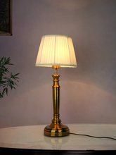 Load image into Gallery viewer, Transitional Hand-Carved Gold 23 Inch Steel Table Lamp With 10 Inch Golden Tapered Pleated Fabric Lampshade