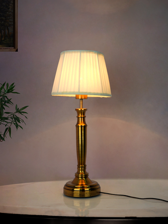 Transitional Hand-Carved Gold 23 Inch Steel Table Lamp With 10 Inch Golden Tapered Pleated Fabric Lampshade