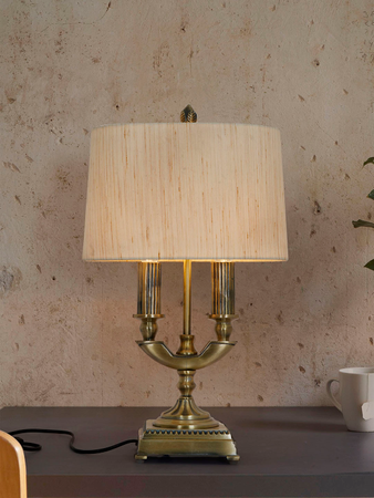 Traditional Brass Antique Table Lamp with Dual Bulb Oval Khadi Fabric Shade