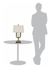 Load image into Gallery viewer, Traditional Brass Antique Table Lamp with Dual Bulb Oval Khadi Fabric Shade