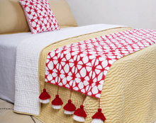 Load image into Gallery viewer, Red printed cotton Bed runner set - King / Queen / Twin Size Bed Runner with Tassel and coordinated Decorative Throw Pillow Cover