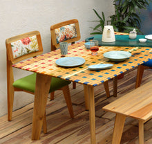 Load image into Gallery viewer, Brown Solid Wood 6 Seater Dining Set with Handprinted Madras Checks Serigraph on the Table Top side view