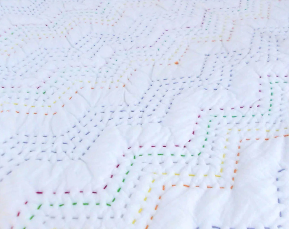 Kantha Bedspread - White color with chevron pattern quilting