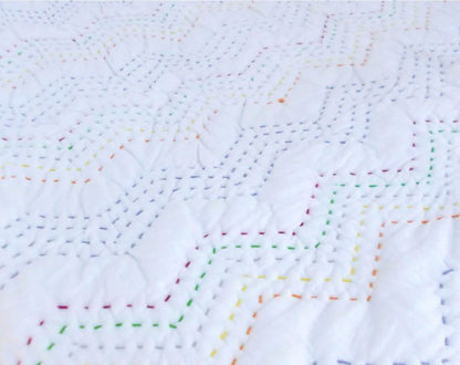 Kantha Bedspread - White color with chevron pattern quilting