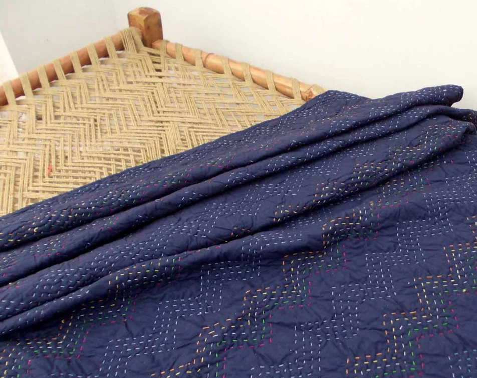 Navy blue Kantha quilt - chevron pattern quilting