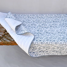 Load image into Gallery viewer, Quilted bedspread, blue swirl print, cotton quilt, Victorian print cotton voile quilt