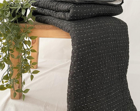 Charcoal quilted Throw blanket, hand quilted and stonewashed, stripe quilting, 100% cotton, 50X60 inches