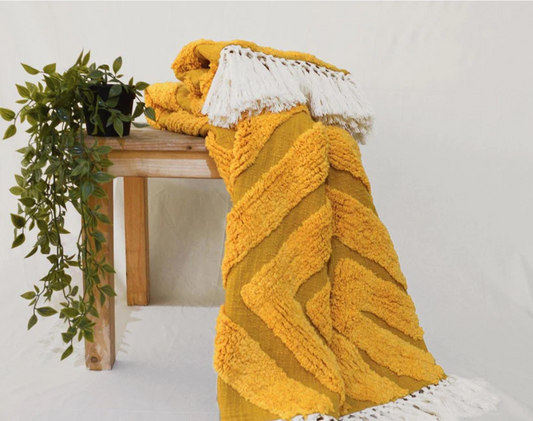 MUSTARD YELLOW Cotton tufted Throw blanket, diamond pattern tufting, couch throw, picnic blanket, 100% cotton, 44X55 inches