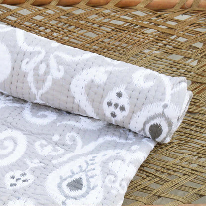 Quilted bedspread, ikat print, grey cotton quilt, bohemian quilt