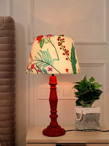 French Farmhouse Distressed Red Wooden Table Lamp with Embroidered White Tapered Fabric Shade