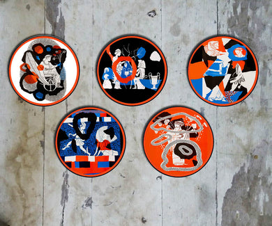 Exquisitely hand painted set of 5 'Greek Popart' Wall Plates