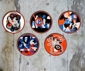 Exquisitely hand painted set of 5 'Greek Popart' Wall Plates