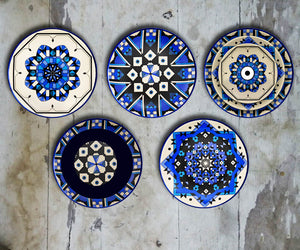 Exquisitely hand painted Set of 5 'Blue Kalaidescope' Wall Plates