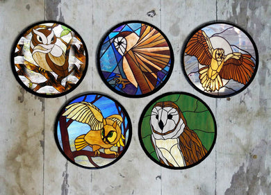 Hand painted set of 5 'Mosaic Owls' Wall Plates