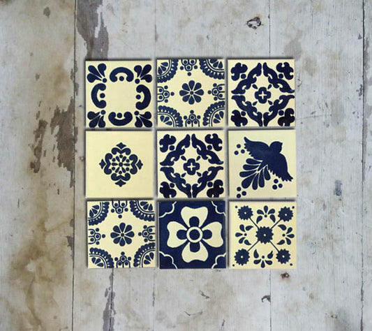 Hand painted set of 9 Mexican Talavera Tiles-001