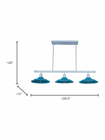 Teal Ceramic Linear Chandelier - 3 Shallow Round Ribbed Shades