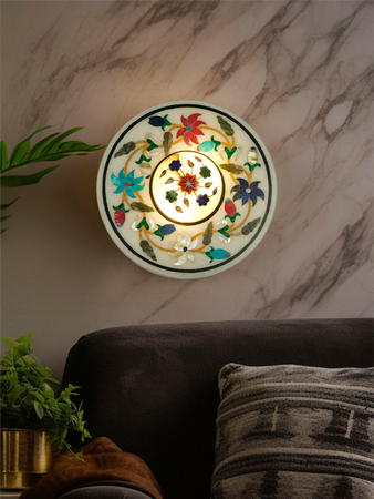 Warm Glow & Exquisite Craftsmanship: Alabaster Wall Sconce with LED & Floral Inlay