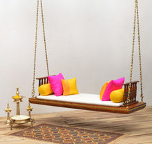 Load image into Gallery viewer, Solid wood handcrafted Indian traditional swing/jhoola with armrest finished in golden brown PU and antique brass links