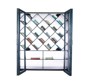 Indigo Blue Solid Wood Bookshelf with Sliding Folding Door opened to the side
