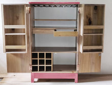 Load image into Gallery viewer, Beetroot Pink Solid Wood Tall Bar Cabinet with both doors opened showing internal storage