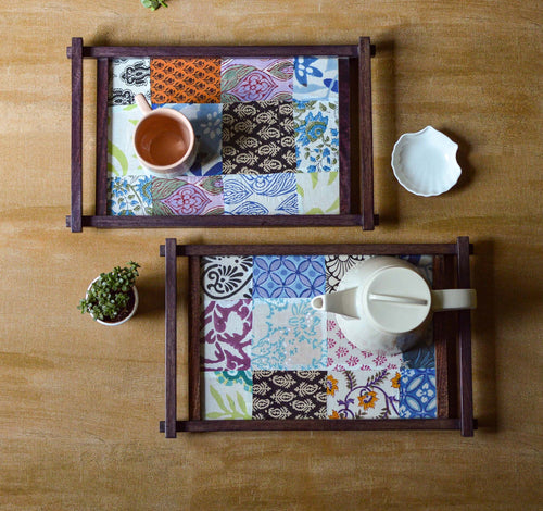 Solid Wood Glass Tray in violet with fabric sandwiched in glass (Set of 2)