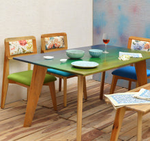 Load image into Gallery viewer, Blue and Green Maldives Inspired Solid Wood 6 Seater Dining Set close up