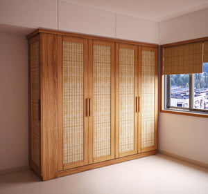 Brown Solid Wood Two Shutter Wardrobe with Black and Beige Jute Fabric Sandwiched in Glass Paneled Shutters