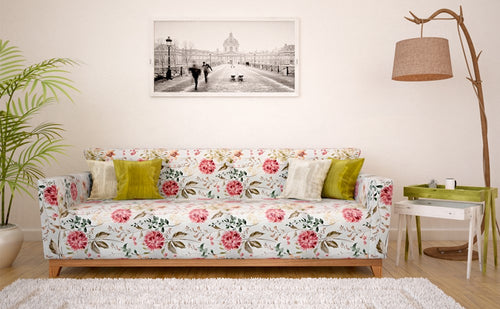 3 seater sofa with white, pink and green floral upholstery with handcrafted solid wood frame