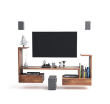 Load image into Gallery viewer, Handcrafted solid mango wood in natural finish wall mounted TV console front view
